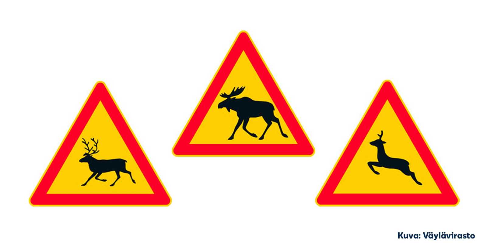 Kuvassa näkyy kolme hirvieläimistä varoittavaa liikennemerkkiä eli varoitusmerkit hirvelle, porolle ja kauriseläimelle.