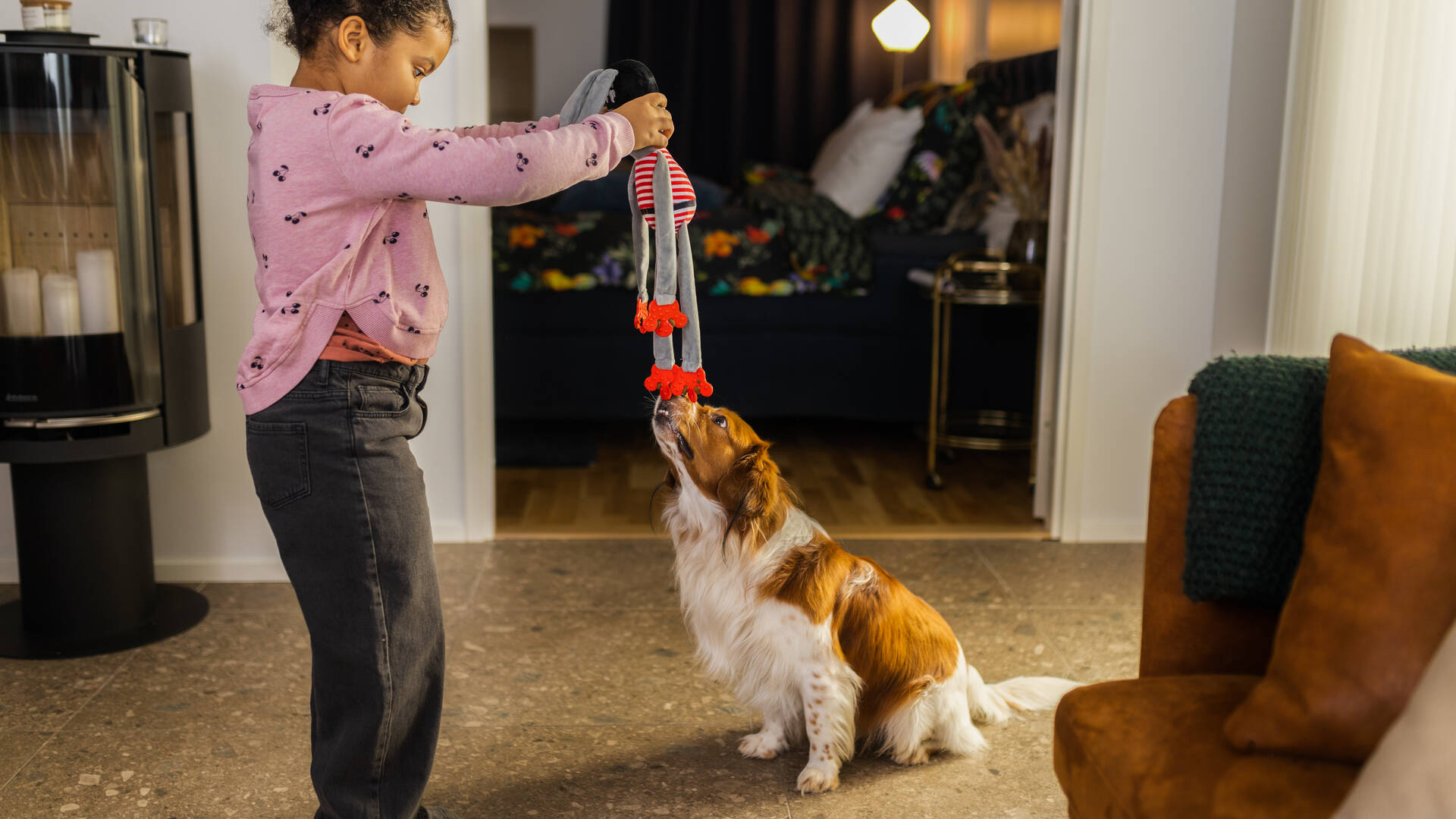 Lapsi leikkii koiran kanssa vetolelulla kodin olohuoneessa. 