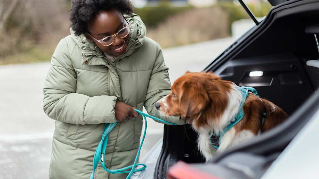 Hymyilevä nainen ottaa koiraa pois auton takakontista.