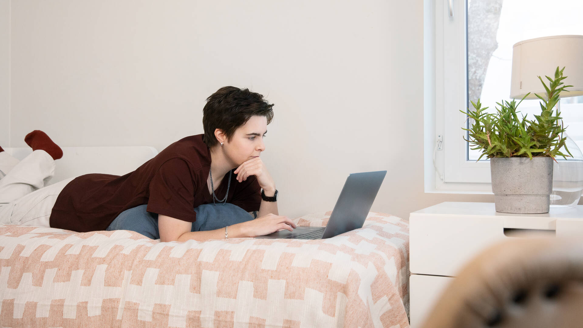 Henkilö makaa sängyllä ja tutkii mietteliäänä kannettavaa tietokonetta.