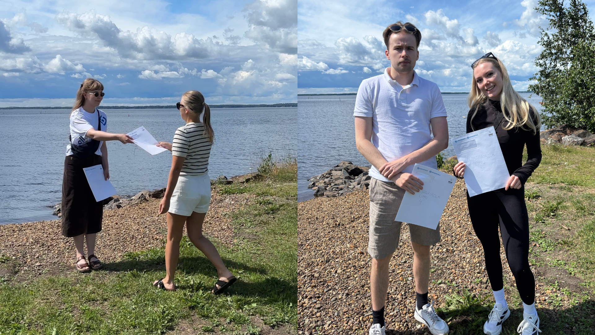 Kaksi kuvaa kivikkoiselta rannalta. Toisessa kuvassa ihminen ojentaa kirjekuoren toiselle ihmiselle. Toisessa kuvassa kaksi ihmistä pitelevät kirjekuoria käsissään. 