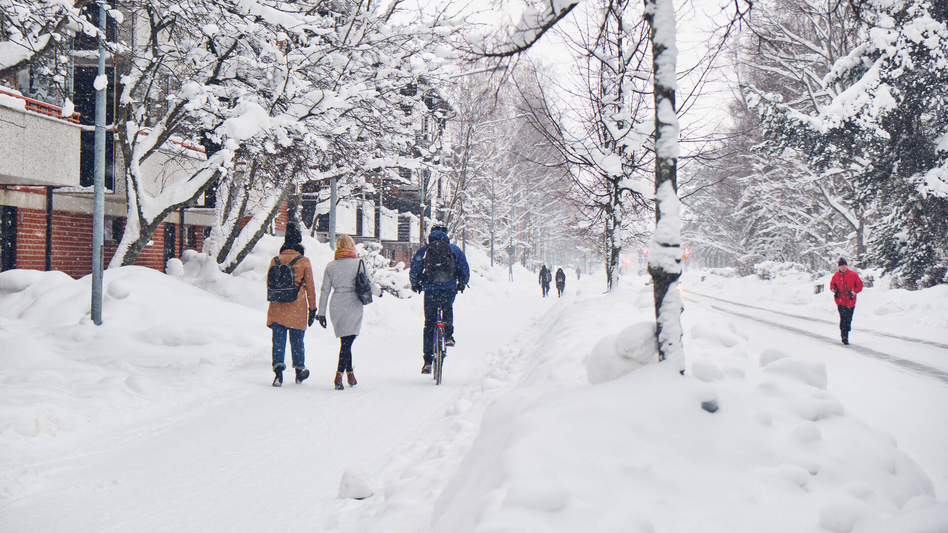 Ihmisiä kävelee, pyöräilee ja juoksee lumisella kadulla.
