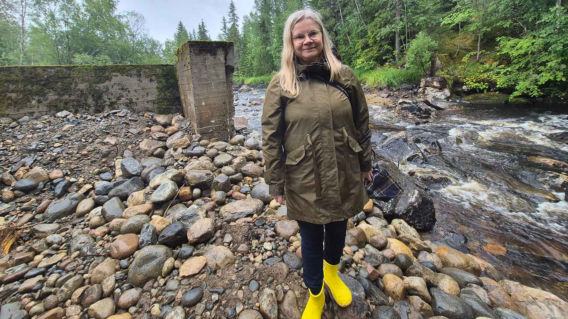 Henkilö seisoo Louhikosken rannalla kivikkoisessa jokiuomassa. Taustalla näkyy virtaava koski, metsää sekä vanhan padon säilyneitä betonirakenteita. Pato on purettu ja koski virtaa jälleen vapaasti luonnollisessa uomassaan.